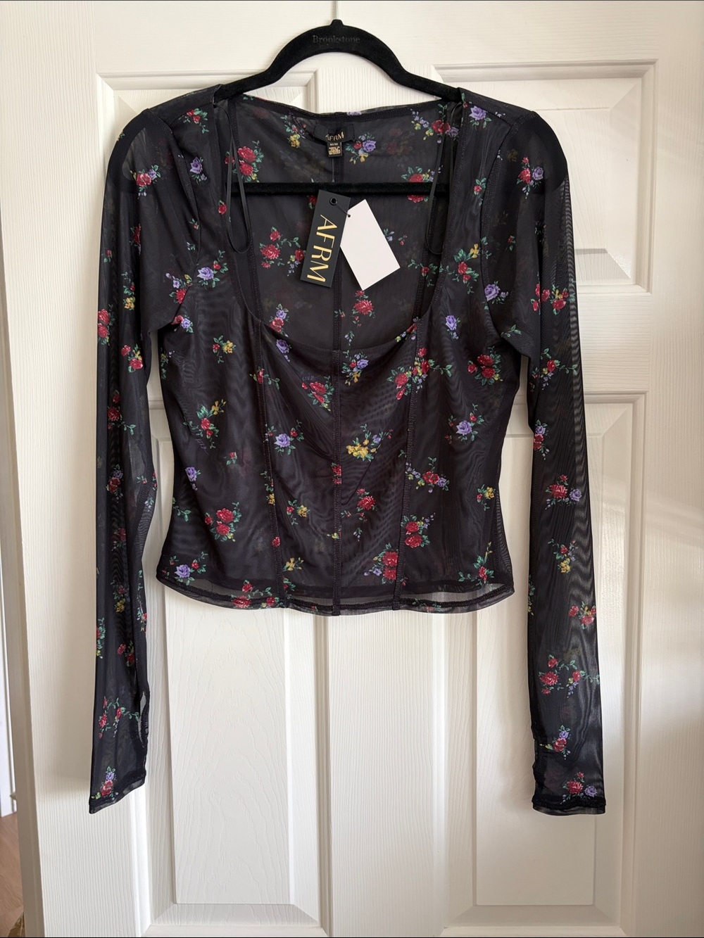 AFRM Black Floral Mesh Long Sleeve Corset-Style Top